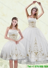 Inexpensive Embroidery White and Gold Quinceanera Dress for 2015