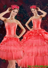 Strapless Quinceanera Dresses with Beading and Pick Ups in Coral Red