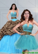2015 Leopard Printed Baby Blue Brush Train Beading Quinceanera Dress