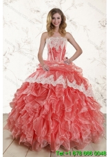 2015 Puffy Watermelon Strapless Quince Dresses with Appliques and Ruffles