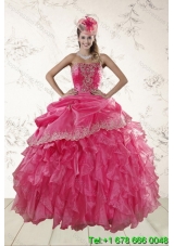 Puffy Beautiful Ruffles and Appliques Quince Dresses in Hot Pink