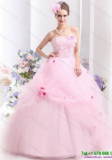 2015 Modern Baby Pink Sweet Sixteen Dresses with Hand Made Flowers