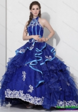 Puffy Halter Top Appliques Blue 2015 Quinceanera Dresses with Ruffles and Brush Train