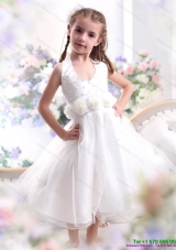Cute Halter Top White Mini Length Little Girl Pageant Dress with Hand Made Flower