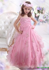 2015 Unique Rose Pink Spaghetti Straps Little Girl Pageant Dress with Appliques