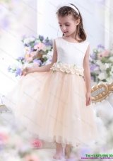 2015 White Little Girl Pageant Dress with Waistband and Hand Made Flowers