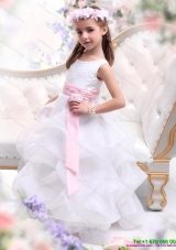 Scoop White Little Girl Pageant Dress with Sash and Ruffles