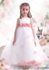 White Little Girl Pageant Dresses with Pink Waistband and Hand Made Flower