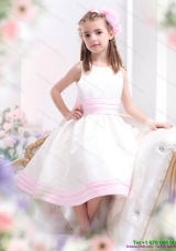 White Scoop Little Girl Pageant Dress with Light Pink Bownot