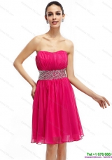Coral Red Strapless Short Prom Dresses with Ruching and Rhinestones