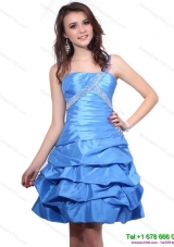 One Shoulder Baby Blue Prom Dresses with Pick Ups and Beading