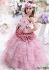 Rose Pink Little Girl Pageant Dress with Hand Made Flowers and Ruffled Layers
