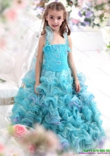 Straps Appliques and Ruffled Layers Pageant Dresses for Kids in Aque Blue