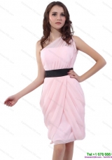 2015 Baby Pink One Shoulder Short Dama Dresses with Ruching