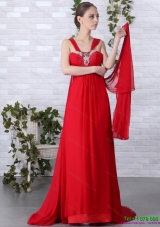 2015 Beautiful Empire Red Prom Dress with Brush Train and Beading