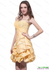 2015 Gold Mini Length Prom Dresses with Beading and Pick Ups