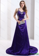 Luxurious 2015 Halter Top Purple Criss Cross Prom Dresses with Court Train