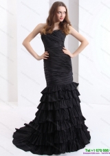 2015 Brush Train Pleated Black Prom Dresses with One Shoulder and Ruffled Layers