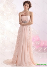 2015 Popular Strapless Sequins and Lace Prom Dress with Brush Train