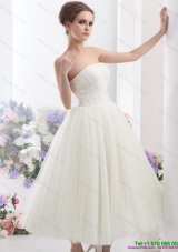 Cute White Strapless Beach Wedding Dresses with Ruching