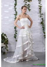 Detachable White Strapless Beach Wedding Dresses with Brush Train and Bownot