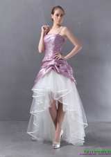 Ruched High Low Beaded Beach Wedding Gowns in White and Lilac
