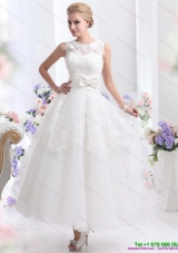2015 Cute Scoop Ankle length Beach Wedding Dresses with Lace and Bowknot