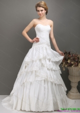 White Sweetheart Brush Train Wedding Dresses with Ruffled Layers