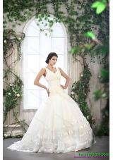 Beautiful White Straps Ruffled Bridal Dresses with Brush Train