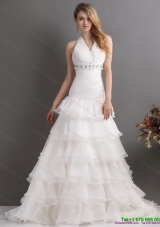 White Halter Top Beading Wedding Dresses with Ruffled Layers and Brush Train