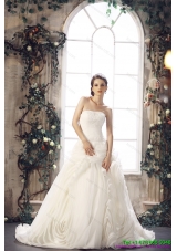 White Strapless Wedding Dresses with Chapel Train and Beading