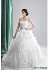 White Sweetheart Ruching Wedding Dresses with Brush Train and Beading