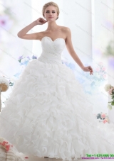 2015 Sweetheart Ruffles and Beading White Wedding Dresses with Brush Train