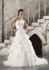 2015 Top Selling White Strapless Wedding Dresses with Brush Train and Ruffles