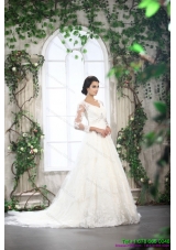Maternity White V Neck Lace Wedding Dresses with Brush Train and Beading