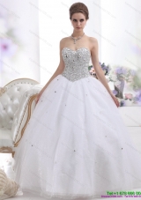 Sweetheart Floor Length White Wedding Dresses with Brush Train and Rhinestones