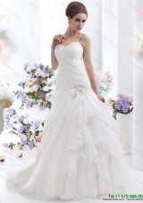 Top Selling Ruched White Wedding Dresses with Brush Train and Appliques