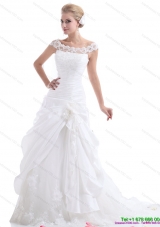 Top Selling Ruffled White Wedding Dresses with Brush Train and Hand Made Flower