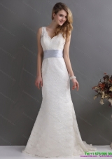 2015 Classical V Neck Lace and Sash  Mermaid Wedding Dress