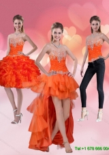 2015 Detachable  High Low Sweetheart Orange Red Prom Skirts with Ruffles and Beading