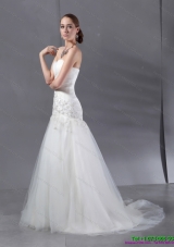 2015 Ruffled White Wedding Dresses with Sequins and Brush Train