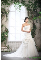 2015 White Strapless Ruffled Wedding Dresses with Brush Train