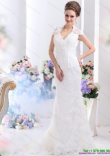 2015 Popular White V Neck Lace 2015 Bridal Gown with Brush Train