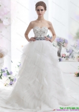 2015 White Sweetheart Brush Train Wedding Dresses with Rhinestones and Sash