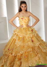 2015 Strapless Gold Wedding Dresses with Hand Made Flower and Chapel Train