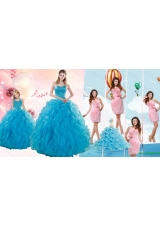 Teal Sweetheart Beading and Ruffles Sweet 16 Dress and Hand Made Flowers and Ruching Baby Pink Dama Dresses and Halter Top Ruffles Pageant Dresses for Little Girl