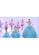 Beading Pretty Aqua Blue Quinceanera Gown and Lilac Short Dama Dresses and Halter Top Ruffles Pageant Dresses for Little Girl