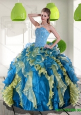 Pretty Multi Color Sweet 15 Dress with Beading and Ruffles for 2015