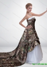 Elegant A Line Strapless Camo Wedding Dresses with Court Train