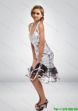 Simple Column Halter Top Tea Length Elegant Camo Prom Dress with Ruffled Layers